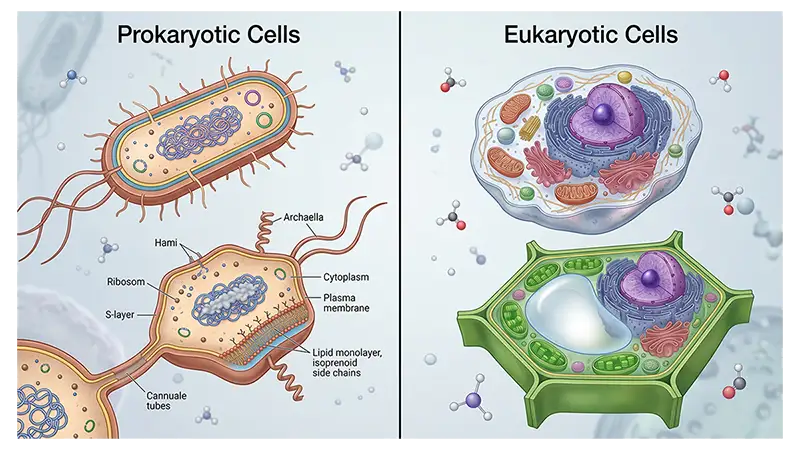 Comparison of prokaryotic and eukaryotic cells with plant and animal cell structures