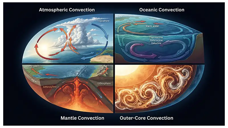 Mantle, atmospheric, oceanic, and outer-core convection occurring in Earth's systems