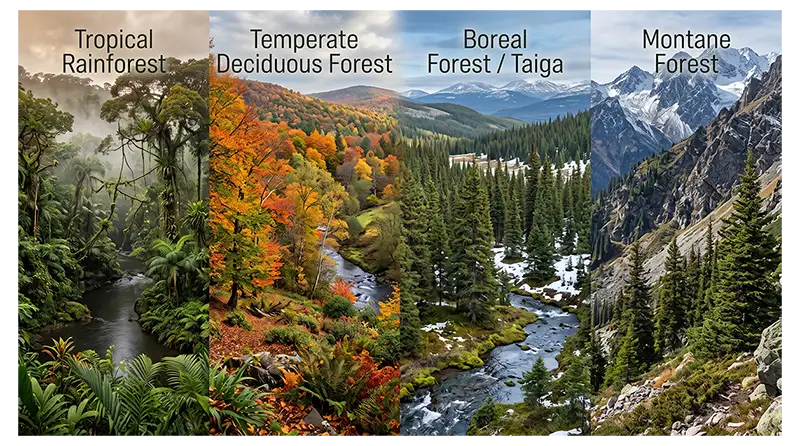 Major forest biome types including tropical, temperate, boreal, seasonal, and montane forests
