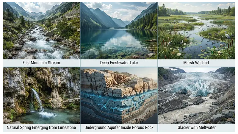 Freshwater environments including rivers, lakes, wetlands, springs, groundwater, and glaciers