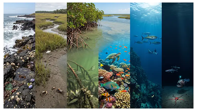 Major marine biome types including coral reefs, estuaries, mangroves, and deep sea