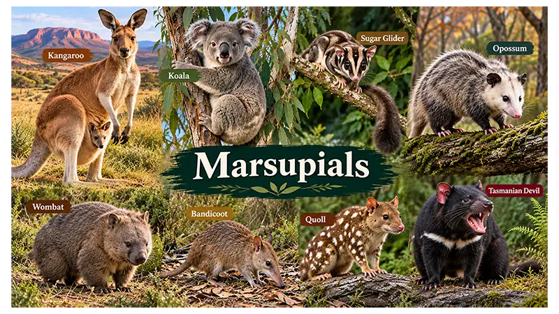 Different marsupials including kangaroo, koala, wombat, sugar glider, and opossum