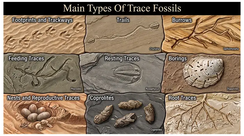 Main types of trace fossils including footprints, trackways, trails, burrows, feeding traces, resting traces, borings, nests, coprolites, and root traces