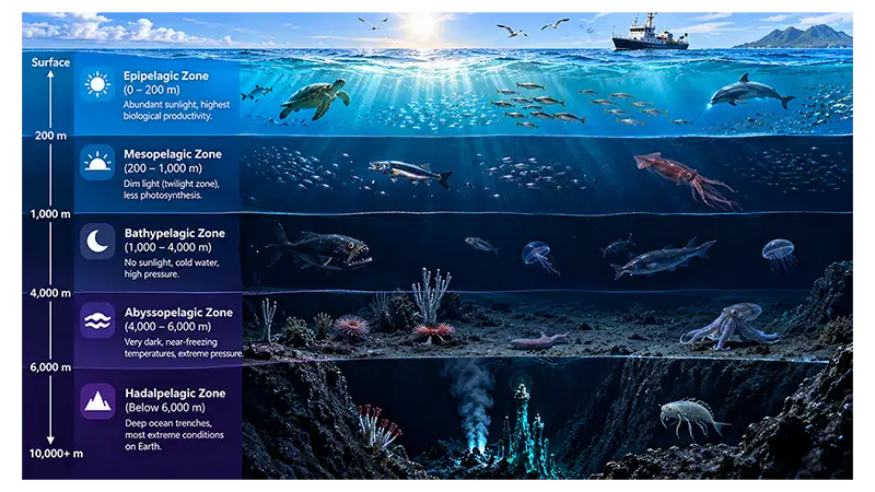 Major ocean zones from the sunlit surface to the deepest ocean trench