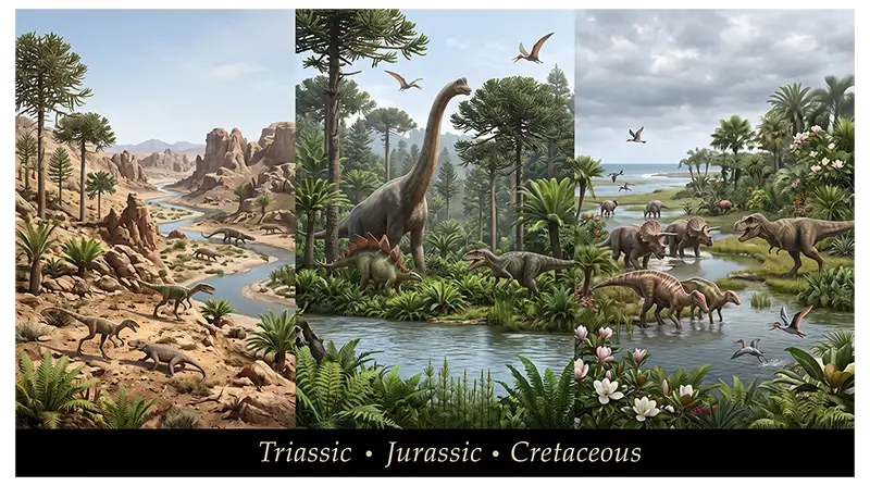 Triassic, Jurassic, and Cretaceous ecosystems showing different dinosaurs, plants, and environments