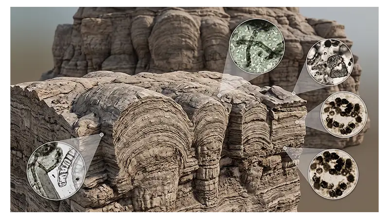 Microfossils and stromatolites preserved in ancient sedimentary rocks