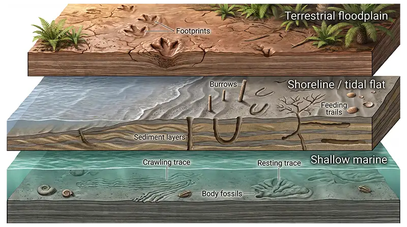 Trace fossils preserved in sedimentary rocks revealing ancient shorelines, rivers, lakes, marine environments, and depositional conditions