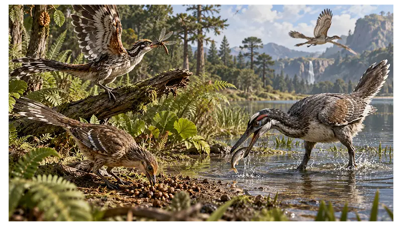 Avian dinosaurs using different feeding strategies in a prehistoric ecosystem