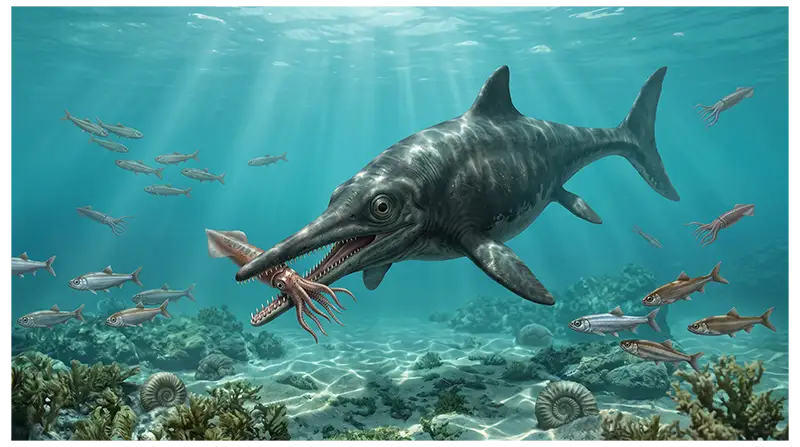 Ichthyosaurus feeding on prehistoric fish and squid-like marine prey in a Mesozoic ocean