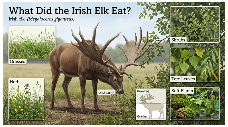 Irish elk feeding on grasses, herbs, shrubs, tree leaves, and other soft plant material