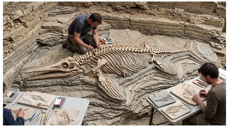 Ichthyosaurus fossil skeleton preserved in sedimentary rock with a paleontologist studying its bones