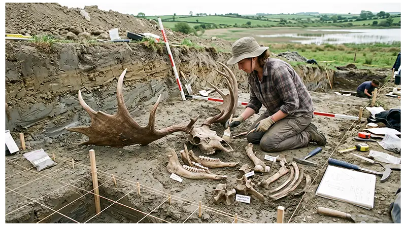 Paleontologist examining Irish elk skull, antler, teeth, and limb fossils preserved in sediment