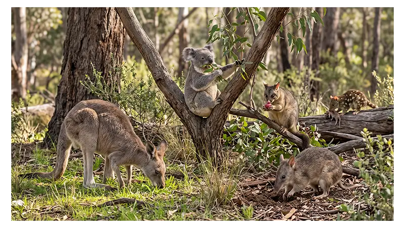 Marsupials feeding on grasses, eucalyptus leaves, fruits, insects, and small prey
