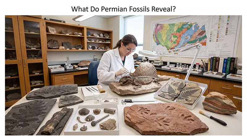Paleontologist excavating Permian fossils from layered sedimentary rocks