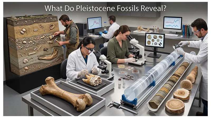 Pleistocene fossils, ice cores, sediments, pollen, and cave remains used to reconstruct ancient environments
