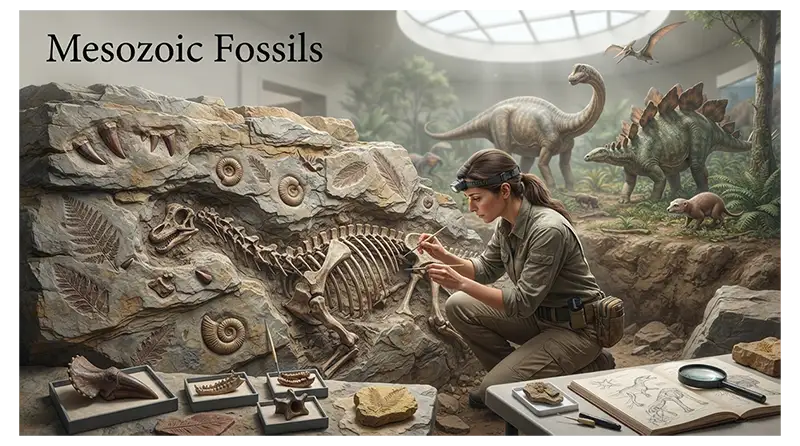 Paleontologist examining Mesozoic fossils including dinosaur bones, ammonites, fossil leaves, footprints, and feathers
