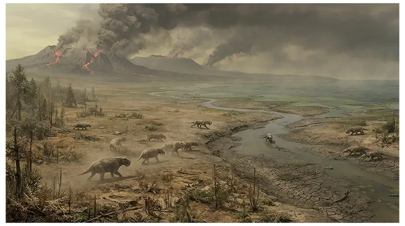 Late Permian landscape affected by volcanic activity, climate change, stressed vegetation, and ecosystem disruption