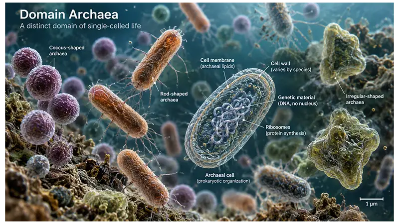 Single-celled Archaea microorganisms showing different cell shapes and prokaryotic organization