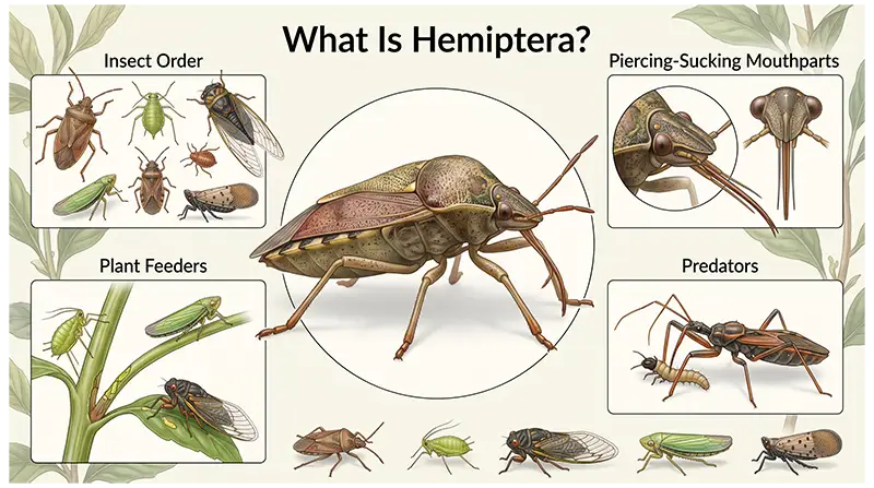 Hemiptera insects showing diverse forms, piercing-sucking mouthparts, plant feeders, and predatory species