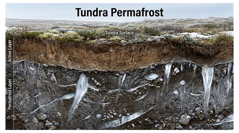 Tundra soil cross-section showing the active layer above permanently frozen permafrost