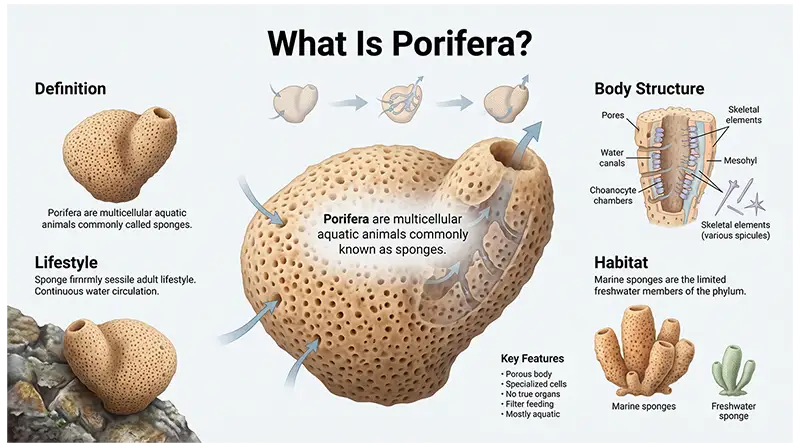 Porifera sponge showing its porous body, water circulation, and aquatic lifestyle