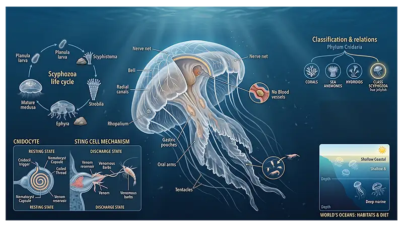 Scyphozoa true jellyfish with cnidarian relatives, polyp stage, and nematocyst structure