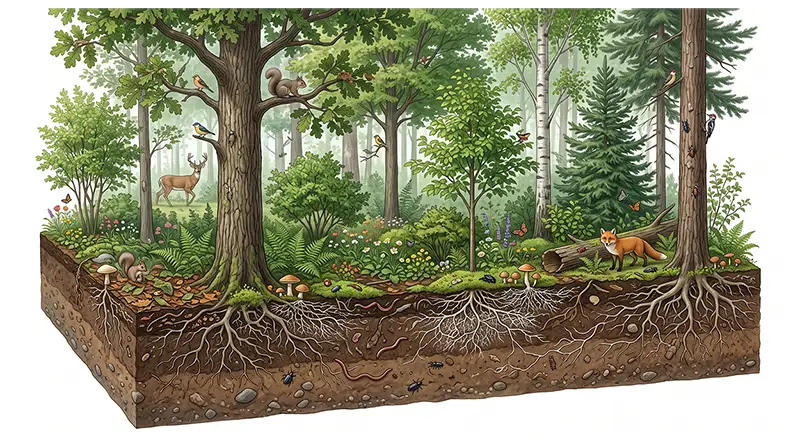 Forest biome ecosystem with trees, shrubs, ferns, mosses, wildlife, soil, and roots