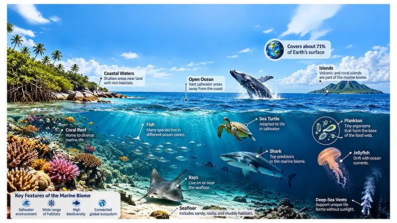Marine biome showing interconnected coastal and open ocean environments