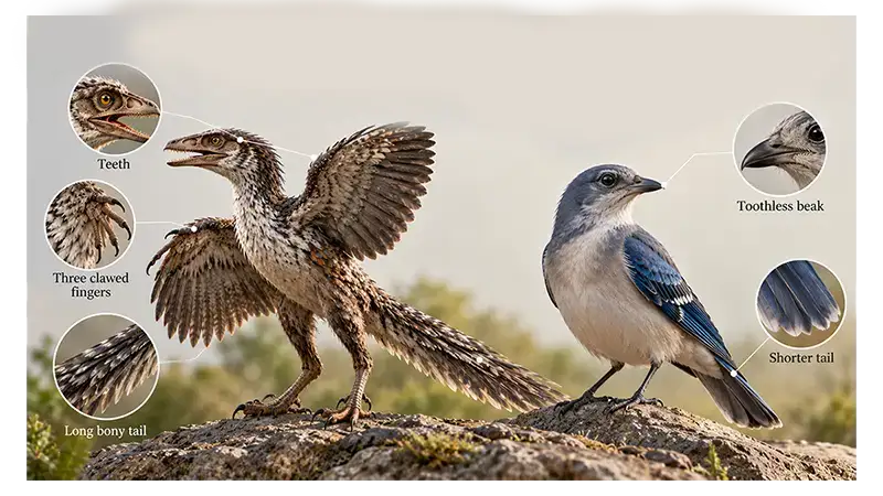 Archaeopteryx compared with a modern bird showing different features