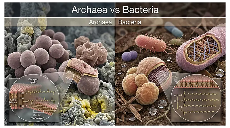 Archaea and bacteria showing differences in cell membranes, cell walls, and molecular structure