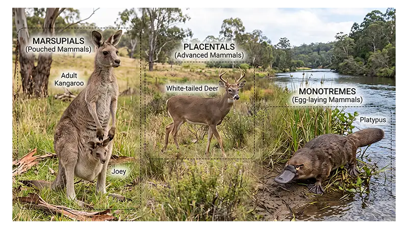 Kangaroo, deer, and platypus representing different mammal reproductive groups