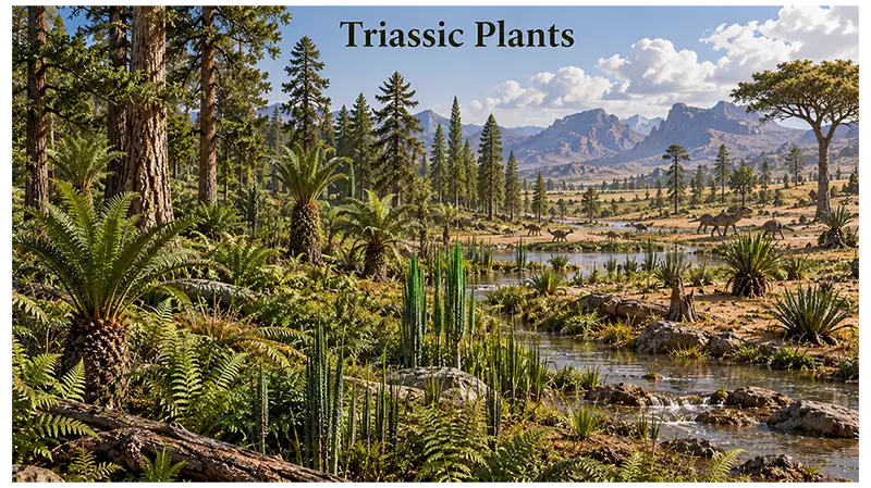 Triassic vegetation including conifers, cycads, seed ferns, ferns, and horsetails near a seasonal stream