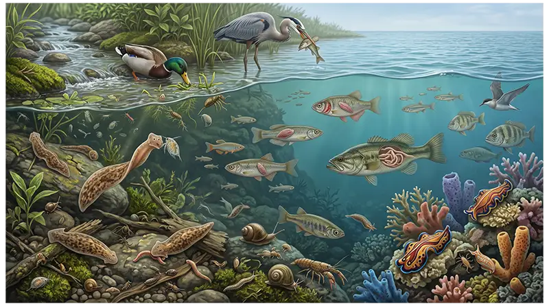 Platyhelminthes participating in aquatic food webs as predators and parasites interacting with microorganisms, fish, and other animals