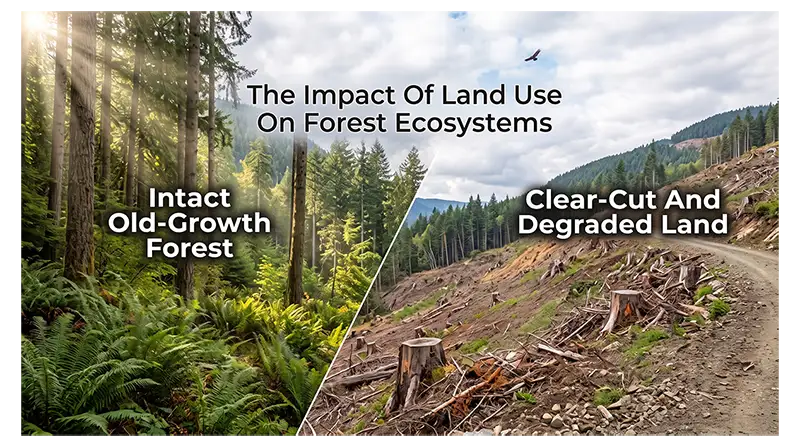 Forest biome affected by deforestation, habitat fragmentation, wildfire, drought, and invasive species