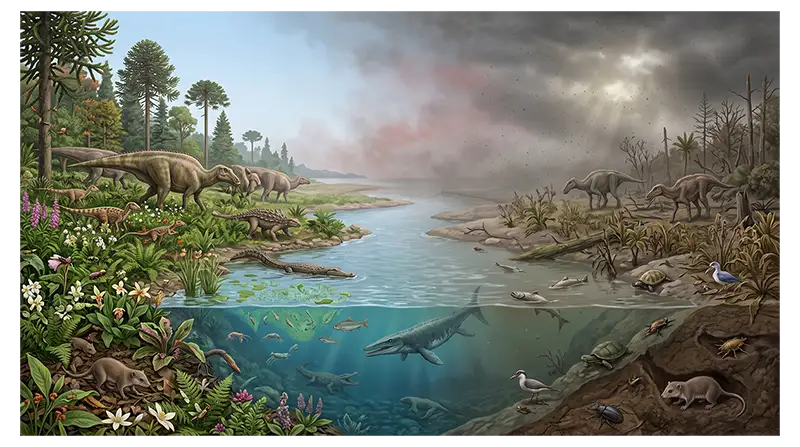 Late Cretaceous Earth with dinosaurs, shallow seas, forests, wetlands, and diverse marine life