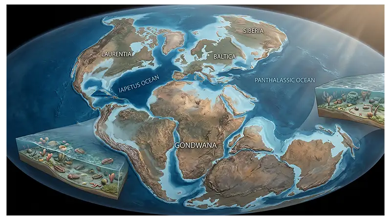 Ancient Cambrian Earth with shallow seas, continental landmasses, and marine habitats