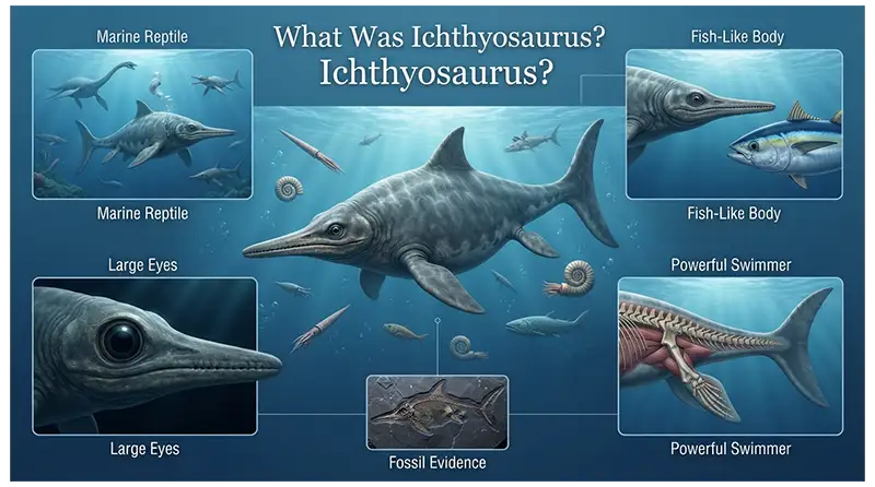 Ichthyosaurus marine reptile with a fish-like body, large eyes, powerful tail, and fossil evidence
