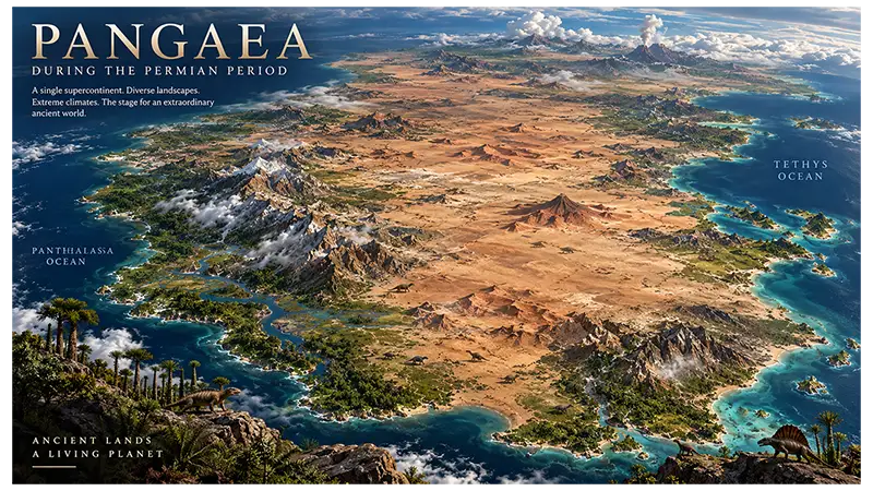 Permian Pangaea with dry continental interiors, mountains, coastal vegetation, and surrounding oceans