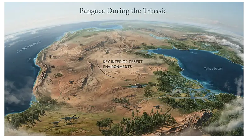 Pangaea during the Triassic with dry continental interiors, mountains, rivers, coastal regions, and surrounding oceans