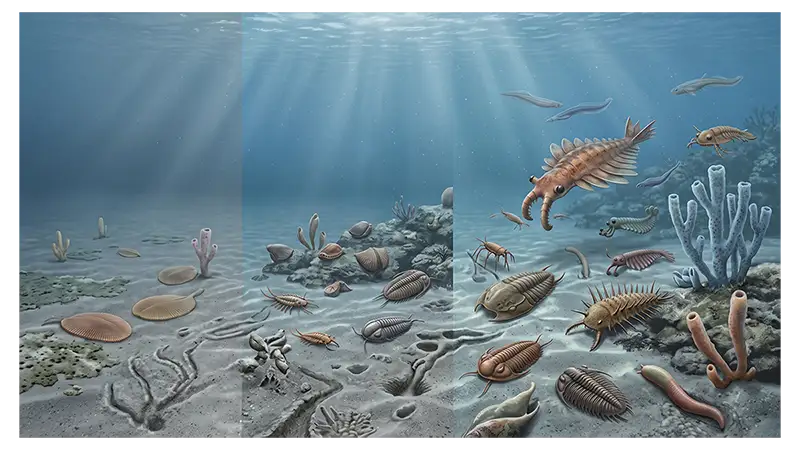 Cambrian Explosion showing diverse marine animals with different body forms and ecological roles