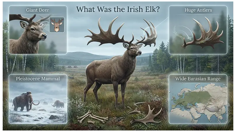 Irish elk Megaloceros giganteus showing its giant deer body, enormous antlers, and Pleistocene habitat