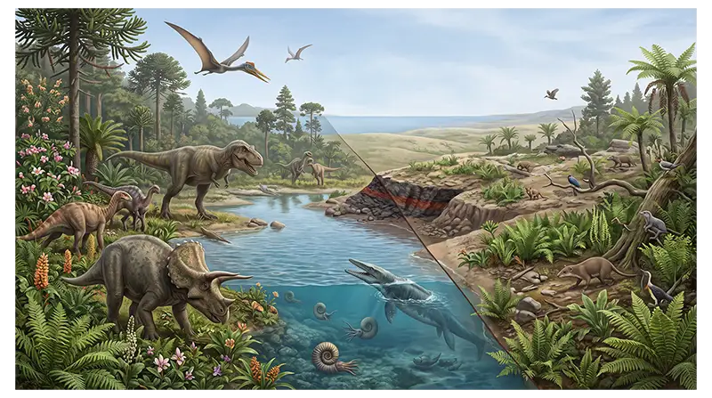 Late Cretaceous ecosystem showing dinosaurs and other organisms before and after the KT Extinction
