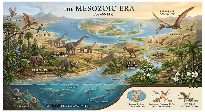 Mesozoic ecosystem showing dinosaurs, pterosaurs, marine reptiles, early birds, mammals, and ancient plants