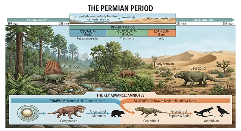 Permian terrestrial ecosystem with Dimetrodon, synapsids, amphibians, conifer-like plants, and wetlands
