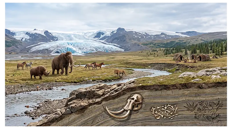 Pleistocene landscape with glaciers, Ice Age animals, grasslands, forests, and early humans