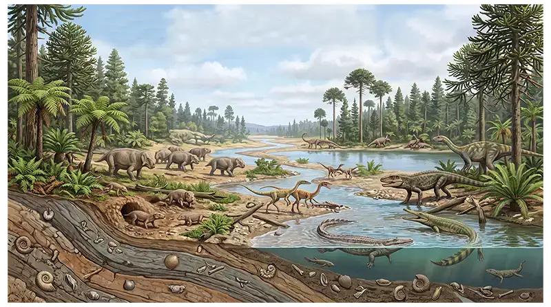 Triassic ecosystem with early dinosaurs, archosaurs, amphibians, reptiles, conifers, and ferns