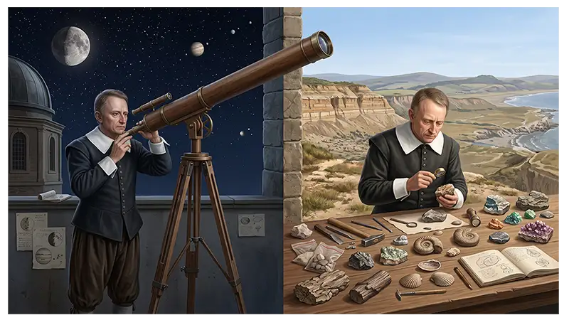 Robert Hooke using a telescope and examining rocks and minerals for scientific study
