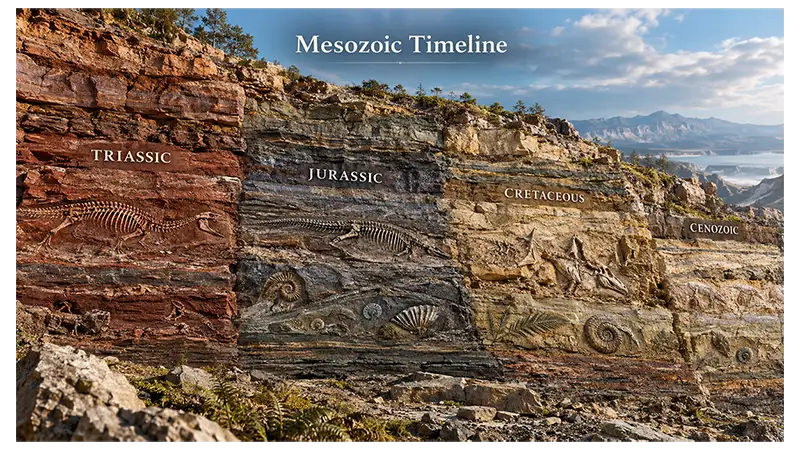Geological rock layers showing the Mesozoic Era between the Paleozoic and Cenozoic with fossils