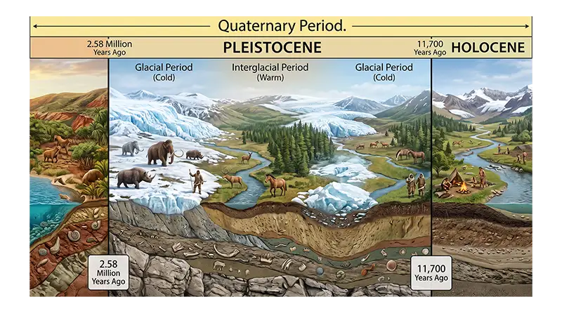 Geological timeline showing the Pleistocene between the Pliocene and Holocene