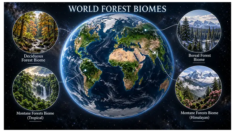 Forest biomes across tropical, temperate, boreal, and mountain regions of Earth